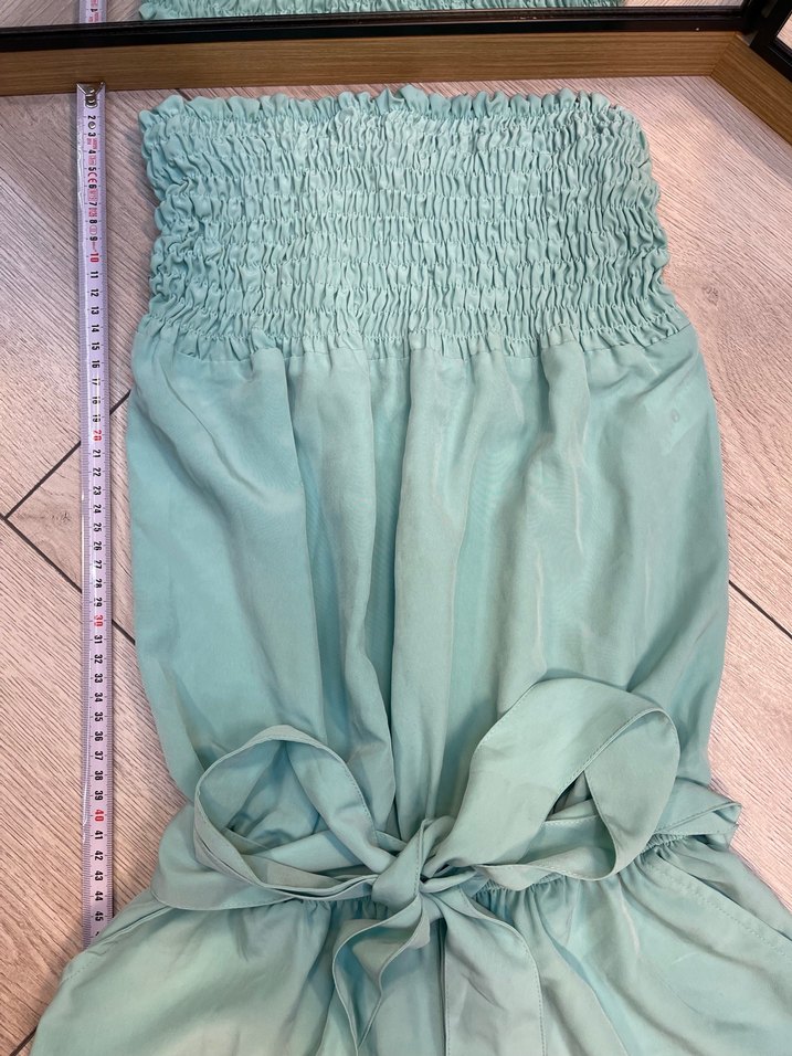 Kadın Turkuaz Mini Straplez Kemerli Tulum - Görsel 4