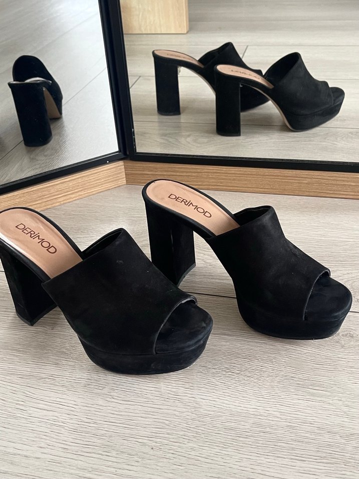 Siyah Nubuk Platform Topuklu Kadın Terlik - Görsel 2