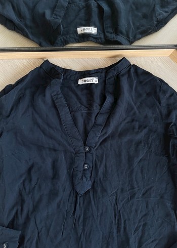 Lacivert V Yakalı Keten Kadın Gömlek - Görsel 2