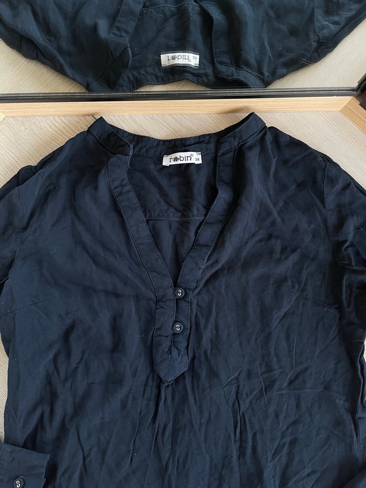 Lacivert V Yakalı Keten Kadın Gömlek - Görsel 2