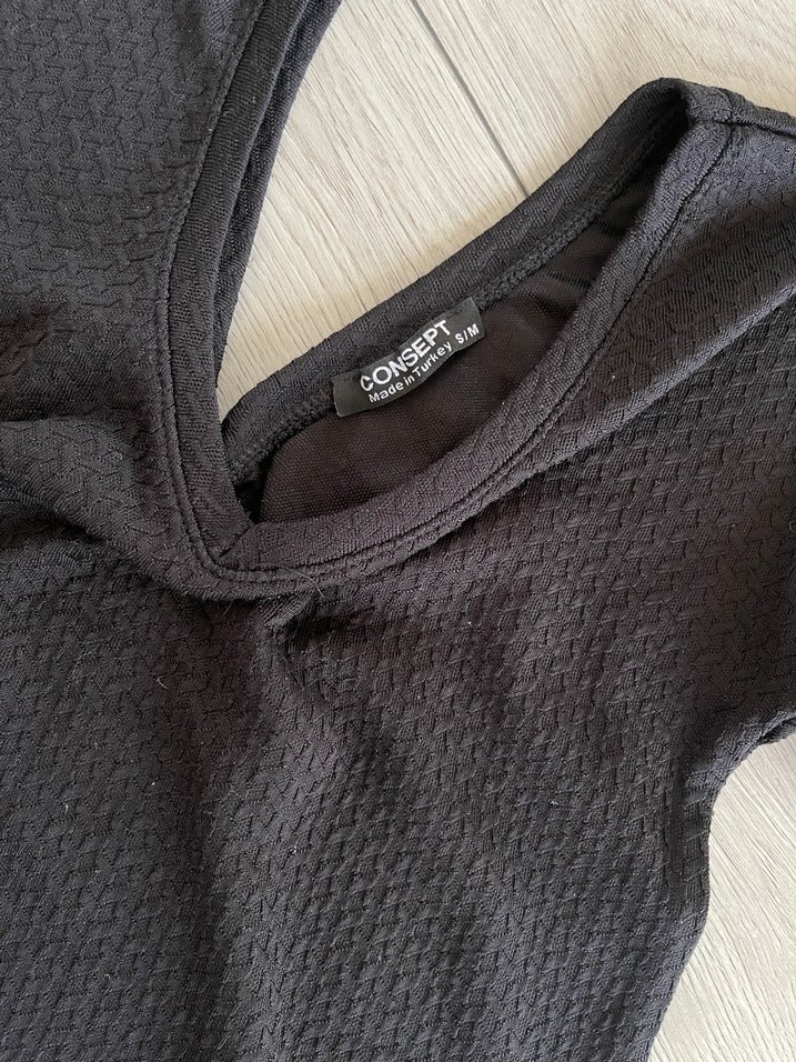 Siyah V Yakalı Uzun Kollu Mini Bluz - Görsel 5