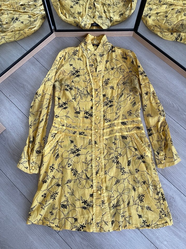 Düğmeli Sarı Uzun Keten Tunik - Görsel 2