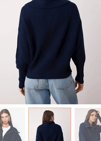 Kadın Lacivert Örgü Fermuarlı Triko - Görsel 4