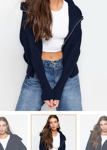 Kadın Lacivert Örgü Fermuarlı Triko - Görsel 2