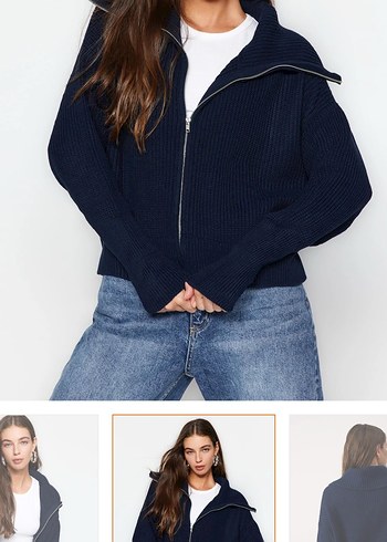 Kadın Lacivert Örgü Fermuarlı Triko - Görsel 3