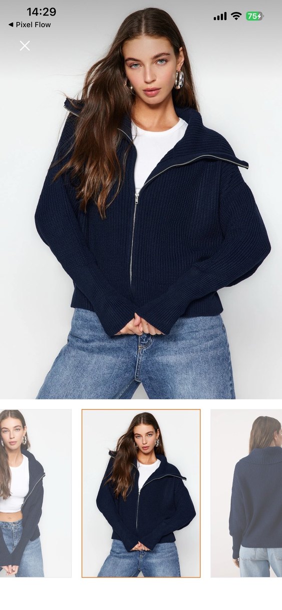 Kadın Lacivert Örgü Fermuarlı Triko - Görsel 3