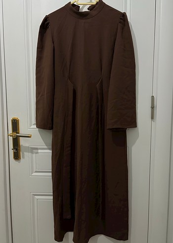 Kahverengi Uzun Kollu Drapeli Kadın Elbise - Görsel 3