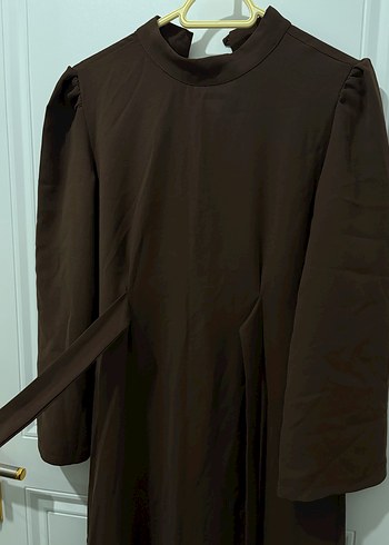 Kahverengi Uzun Kollu Drapeli Kadın Elbise - Görsel 2