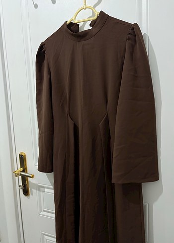 Kahverengi Uzun Kollu Drapeli Kadın Elbise - Görsel 4