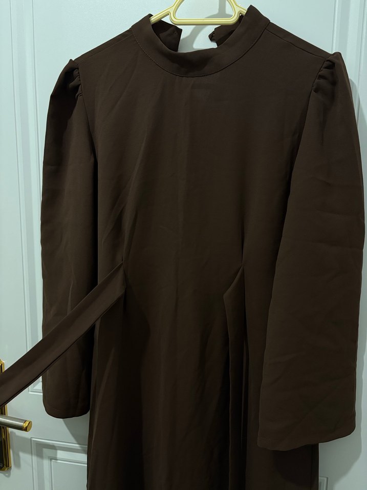 Kahverengi Uzun Kollu Drapeli Kadın Elbise - Görsel 2