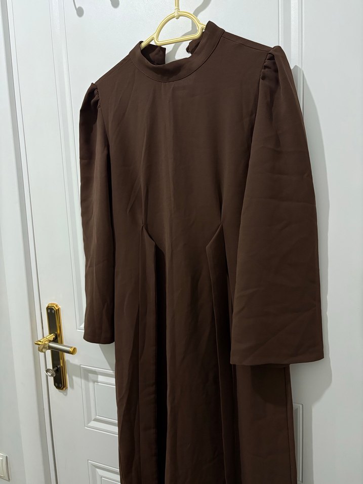 Kahverengi Uzun Kollu Drapeli Kadın Elbise - Görsel 4