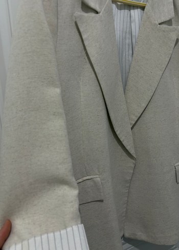 Bej Kadın Keten Ceket, Düğmeli, Normal Boy - Görsel 3