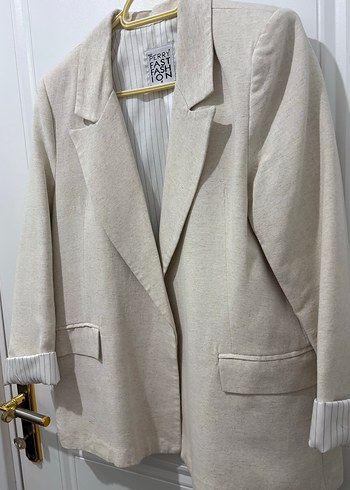 Bej Kadın Keten Ceket, Düğmeli, Normal Boy - Görsel 9