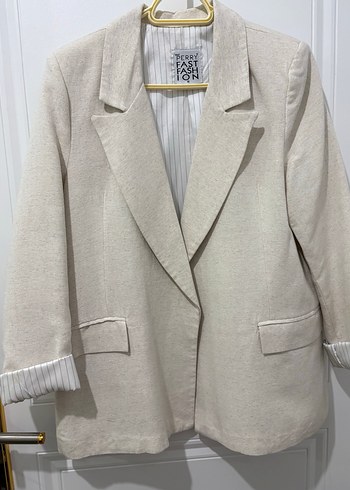 Bej Kadın Keten Ceket, Düğmeli, Normal Boy - Görsel 5