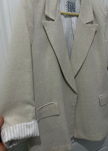 Bej Kadın Keten Ceket, Düğmeli, Normal Boy - Görsel 4