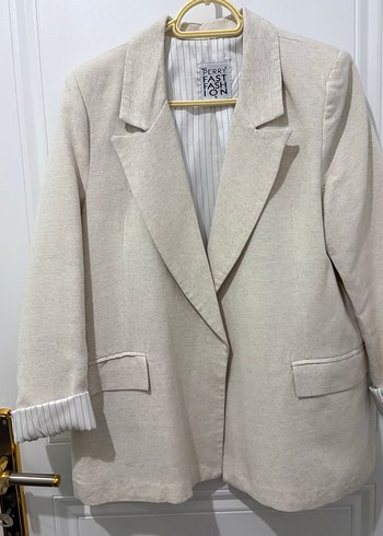 Bej Kadın Keten Ceket, Düğmeli, Normal Boy - Görsel 7