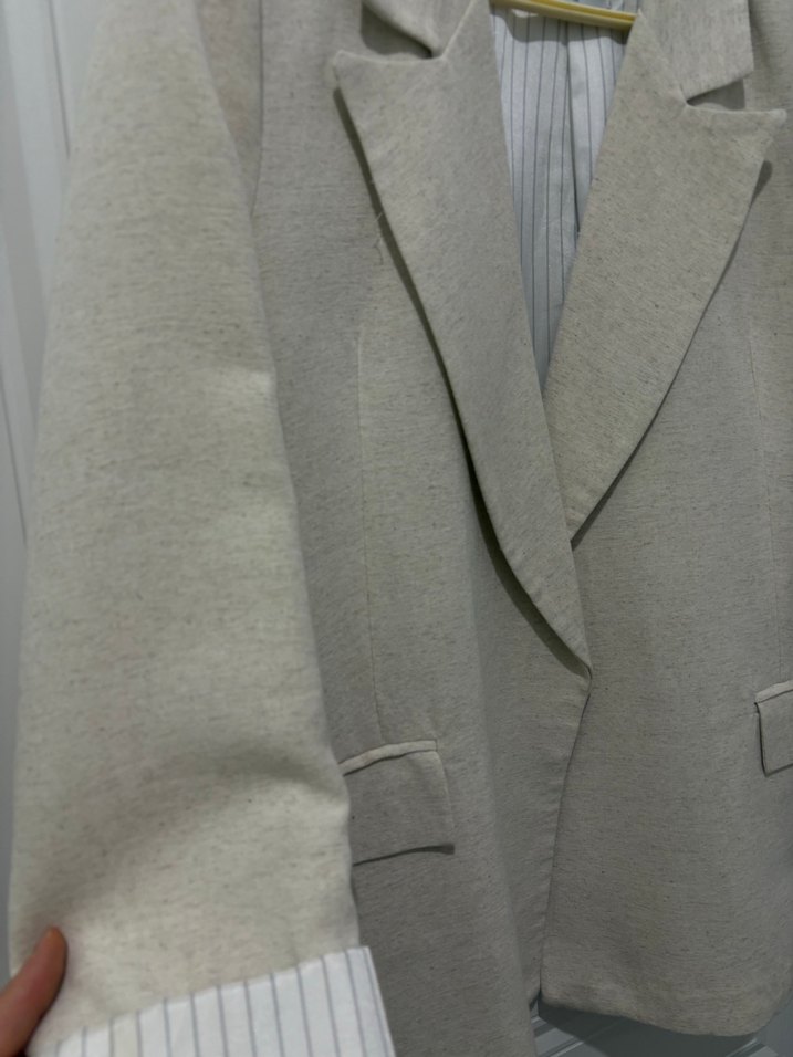 Bej Kadın Keten Ceket, Düğmeli, Normal Boy - Görsel 3