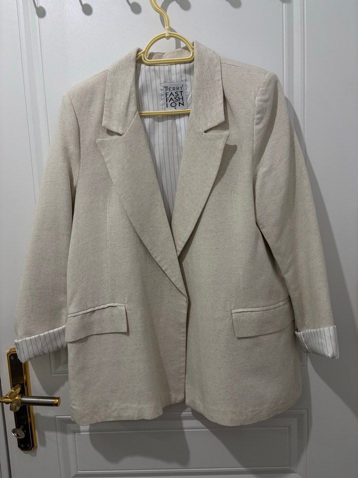 Bej Kadın Keten Ceket, Düğmeli, Normal Boy - Görsel 2