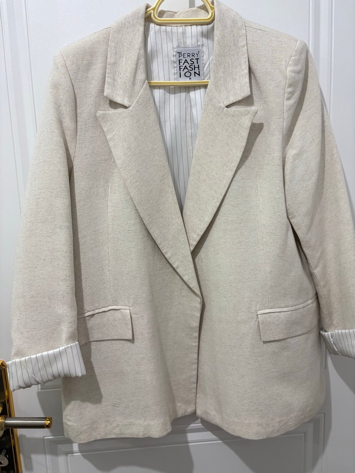 Bej Kadın Keten Ceket, Düğmeli, Normal Boy - Görsel 5