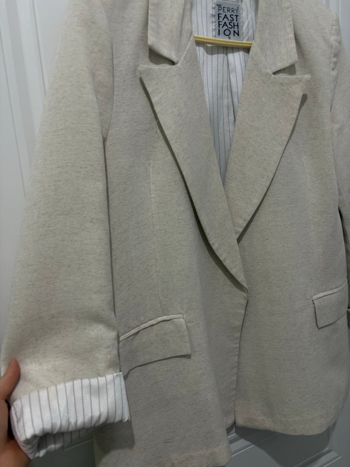 Bej Kadın Keten Ceket, Düğmeli, Normal Boy - Görsel 4