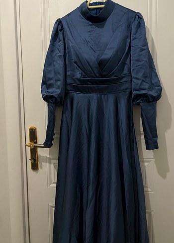 Lacivert Uzun Kollu Drapeli Kadın Elbise - Görsel 2