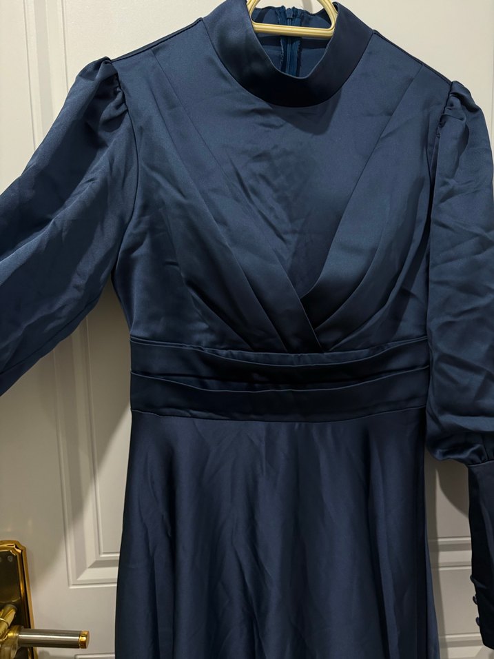 Lacivert Uzun Kollu Drapeli Kadın Elbise - Görsel 5