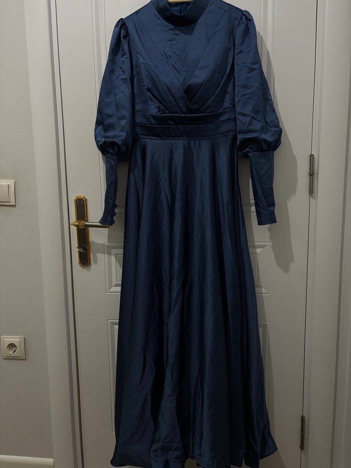 Lacivert Uzun Kollu Drapeli Kadın Elbise - Görsel 3