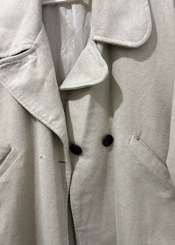 Bej Düğmeli Kadın Keten Midi Kaban - Görsel 3