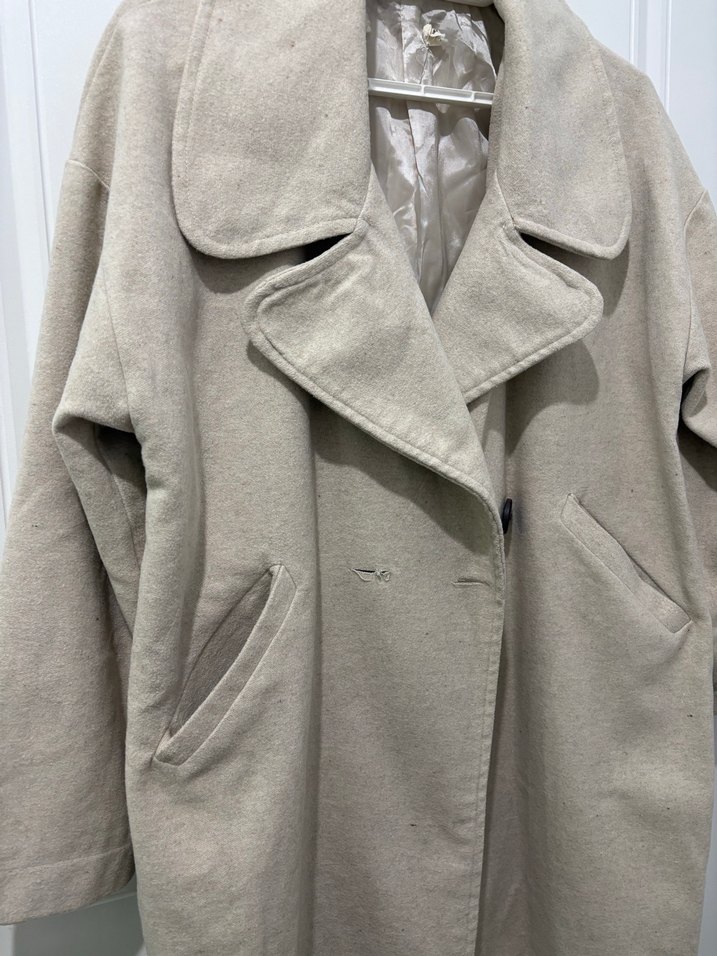 Bej Düğmeli Kadın Keten Midi Kaban - Görsel 2