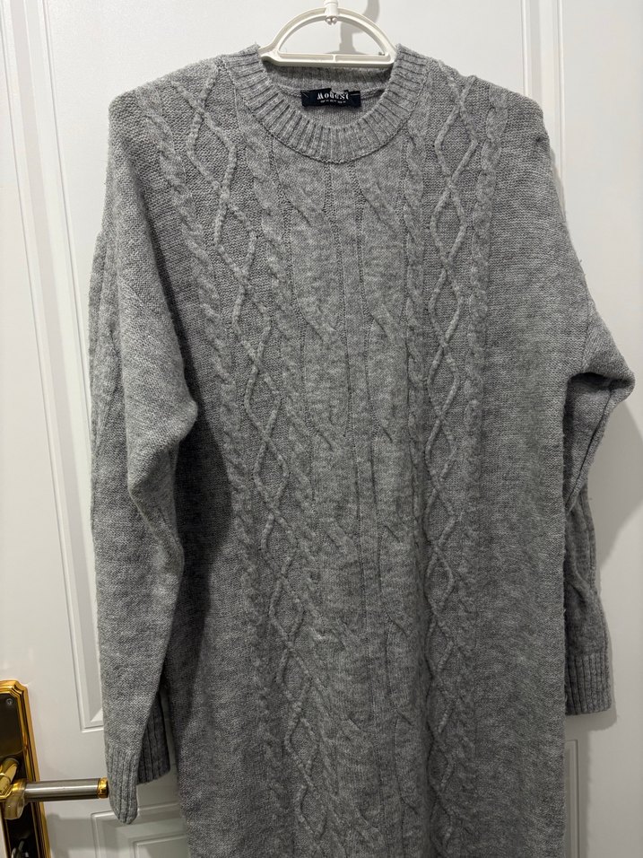 Gri Uzun Kollu Örgü Kadın Kazak - Görsel 5