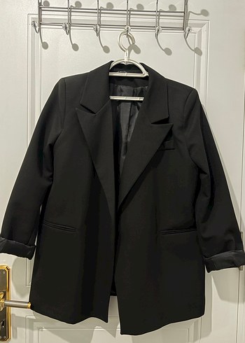 Düğmeli Siyah Midi Kadın Blazer Ceket - Görsel 2