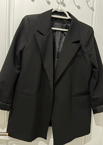 Düğmeli Siyah Midi Kadın Blazer Ceket - Görsel 3