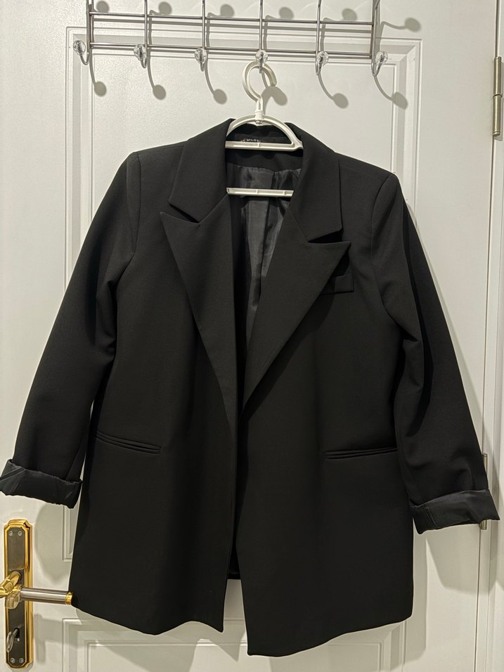 Düğmeli Siyah Midi Kadın Blazer Ceket - Görsel 2