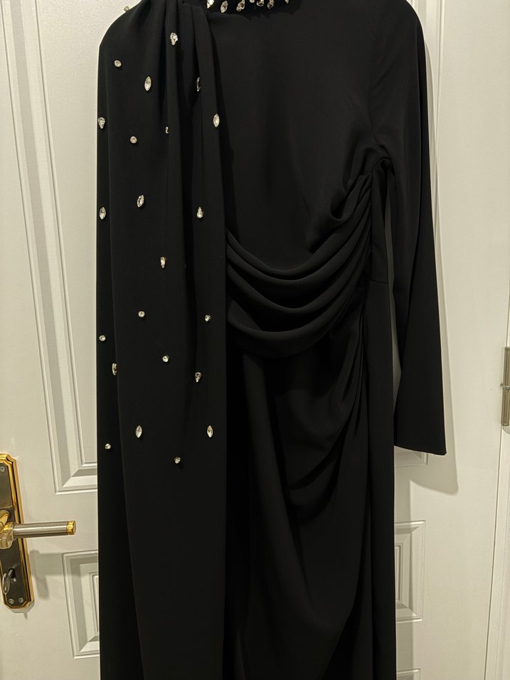 Uzun Siyah Gotik Drape Detaylı Abiye Elbise - Görsel 3