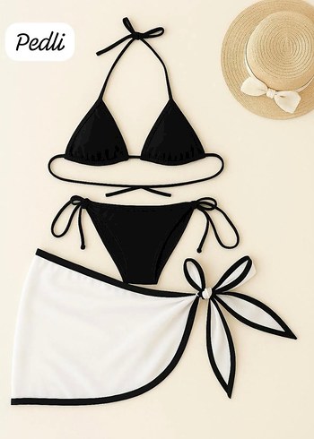 Siyah İpli Bikini ve Beyaz Pareo