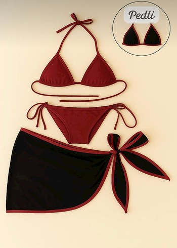 Bordo 3lü Pareolu Bikini Pedli L/XLBeden Hızlı Kargo