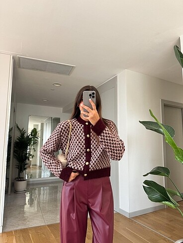 Zara marcello gold düğmeli hırka-bordo ekru