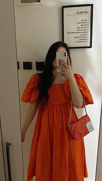 m Beden turuncu Renk Gloria balon kol midi boy elbise