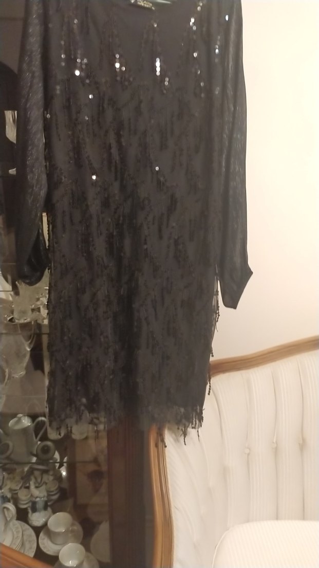 Siyah Nakışlı Midi Uzun Kollu Elbise - Görsel 4