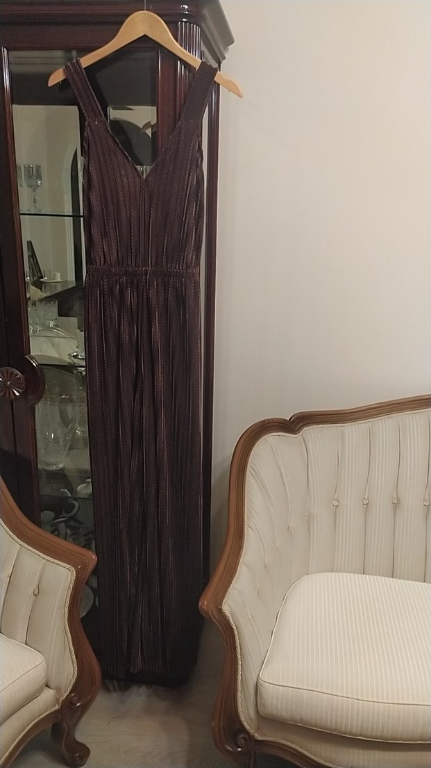 Kahverengi Piliseli Uzun Kadın Tulum - Görsel 2