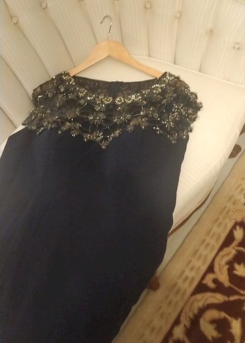 Nakışlı Drapeli Lacivert Uzun Abiye Elbise - Görsel 2