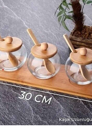 Beden 3 lü Bambu Stantlı Cam Baharatlık Kaşıklı Borosilikat Cam Bahara