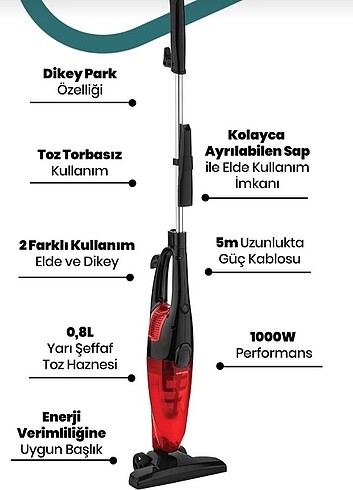 Goldmaster Gold Master GM-7520R 1000W Nazar Dik Süpürge Kırmızı