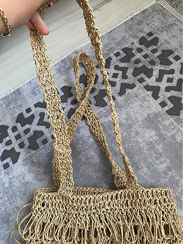 Beden camel Renk hasır el örgüsü püsküllü çanta