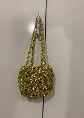 El örgüsü rafya ip gold çanta
