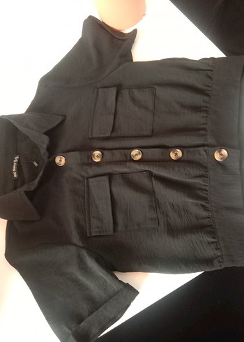 Düğmeli Siyah Keten Mini Kadın Gömlek - Görsel 2