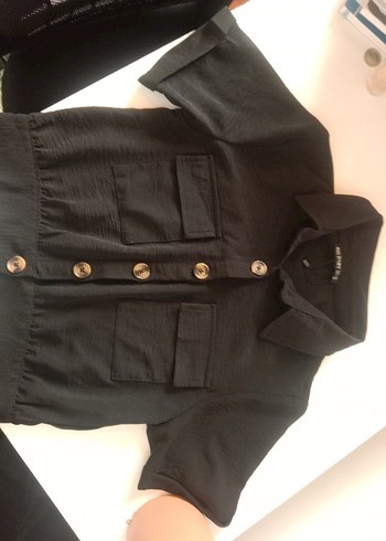 Düğmeli Siyah Keten Mini Kadın Gömlek - Görsel 3