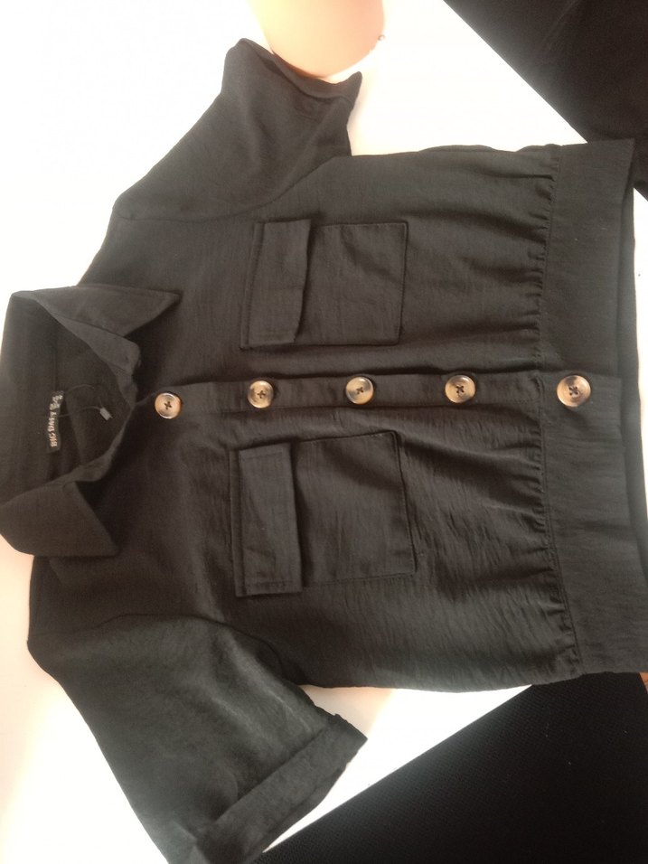 Düğmeli Siyah Keten Mini Kadın Gömlek - Görsel 2