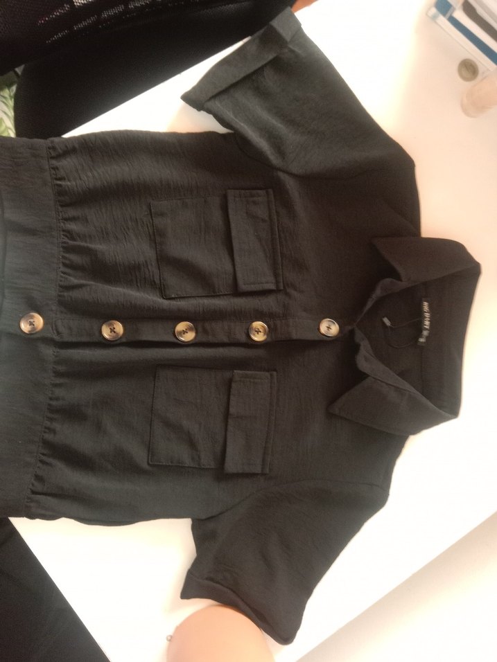 Düğmeli Siyah Keten Mini Kadın Gömlek - Görsel 3