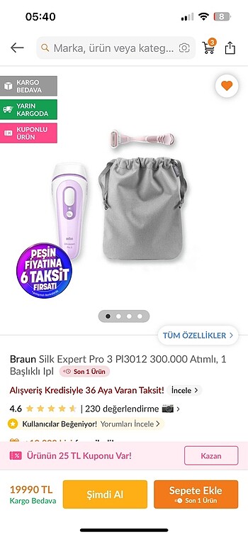  Beden Renk Braun Silk Expert Pro 3 Lazer Epilasyon 250.000-400.000 Atış